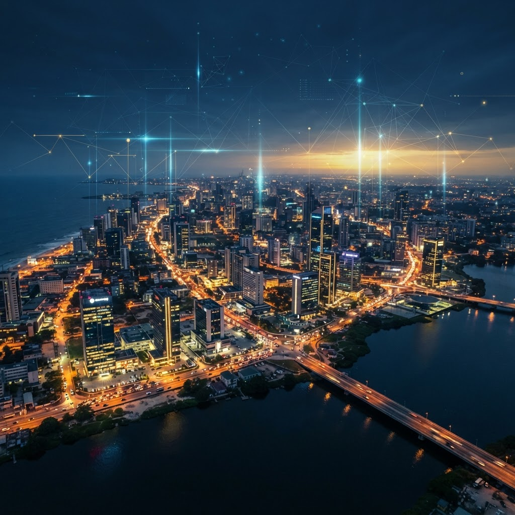 Aerial view of a modern Nigerian cityscape at dusk with digital network connections