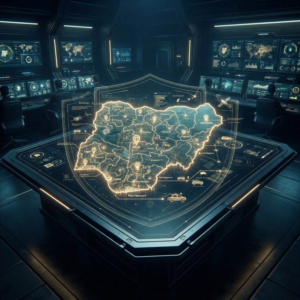 Command center map of Nigeria representing the Ndinche security and rescue platform